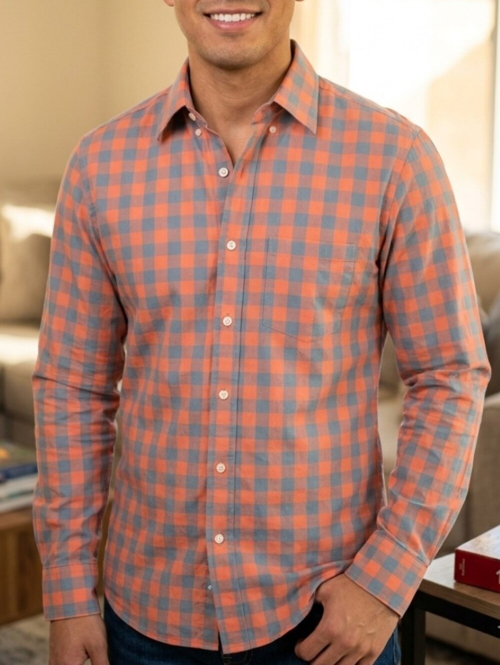 J. Crew Men's Orange and Gray Check Long-Sleeve Button-Up Shirt M Slim